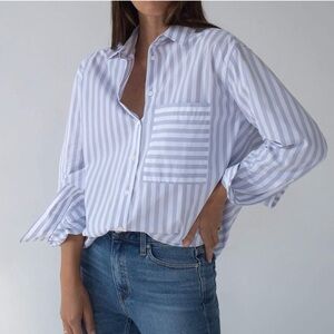 AYR (XS) “The Deep End” Button Down Shirt in Grape Soda- Purple White Stripe Top
